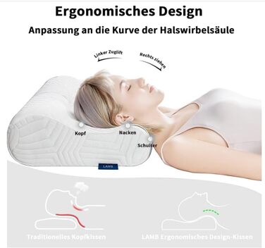 Ергономічна подушка для шиї та голови LAMB з ефектом пам'яті (Memory Foam) для сну на боці, регульована висота, з мийним чохлом, 50x36x10/8 см, біла, 2 шт.
