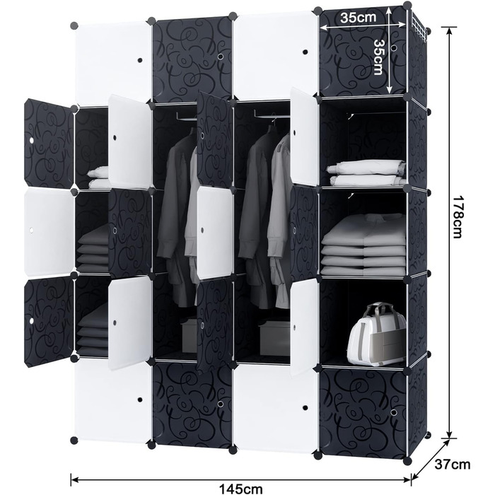 HENGMEI DIY Closet Wardrobe Storage Rack Shelf System 12-Cube Organization System Shoe Rack Closet with Door (Black) (20 Boxes)