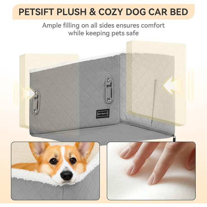 Автомобільний лежак для собак PETFIT - піднятий на 12.5 см, з патентованою системою безпеки, знімний чохол, для собак до 12 кг, біля пасажирського сидіння та на задньому сидінні (Світло-сірий, S)