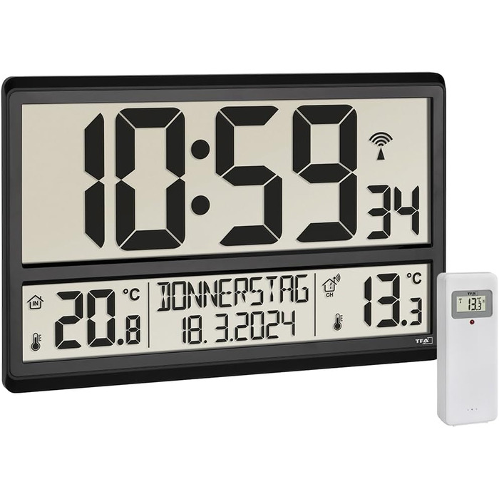 TFA Dostmann Digital XL Wall Clock, 60.4521.01, with outdoor temperature, indoor temperature, weekday (8 languages), radio clock, date, black, (L) 360 x (W) 235 x (H) 28 (84) mm