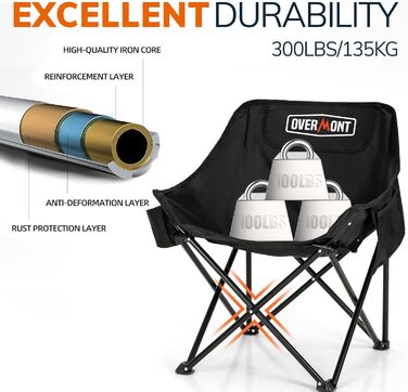 Набір складних кемпінгових стільців OVERMONT (2 шт.) до 135 кг з сумкою для транспортування - для саду, балкону, пляжу, риболовлі, чорний
