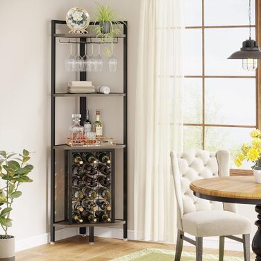 Tribesigns Wine Rack Freestanding Floor, 4-Tier Corner Wine Rack with Glass Holder & Wine Storage, Industrial Wine Rack Wine Bar Cabinet for Bar, Kitchen, Dining Room, Grey