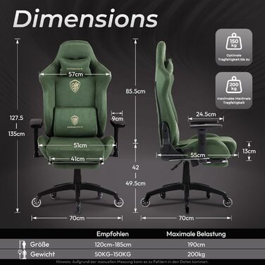 Ігровий крісло Dowinx з мікрофібри-велюру: дихаюче, ергономічне, з підніжкою (зелене)