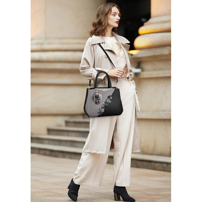 Сумка жіноча DIRRONA велика – сумка через плече та шопер з квітковою вишивкою та помпонами, ідеальна для роботи, відпочинку, подорожей, офісу, вечірок та весіль, колір сірий