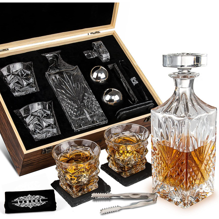 Набір для віскі: келих, шматочки з нержавіючої сталі, декантер, підставки (для чоловіків)
