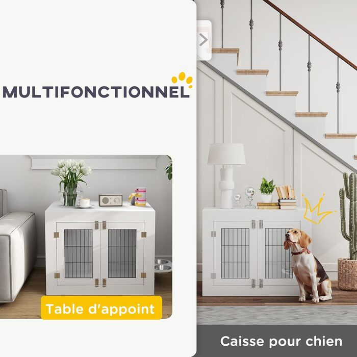 PawHut Будка для собак, дерев'яна, з 2 обертовими мисками, 2 двері, столиком, для собак середніх порід до 20 кг, 80 x 60 x 63 см, біла