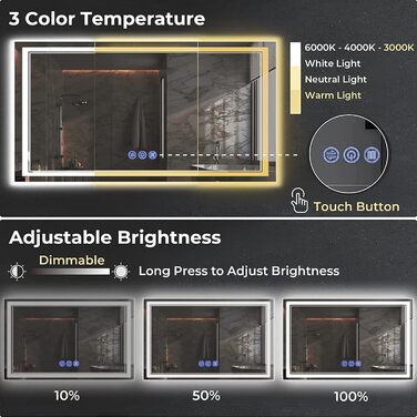 Дзеркало для ванної кімнати з підсвічуванням 100x60 см, сенсорне керування, IP65, 3 колірні температури, HD скло, вертикальна/горизонтальна орієнтація, Faw Halo Double