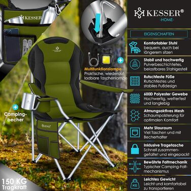 Крісло для кемпінгу KESSER® розкладне, до 150 кг, для риболовлі, з підлокітниками, високою спинкою, пляшкотримачем, світлом, сумкою, бежевий/чорний