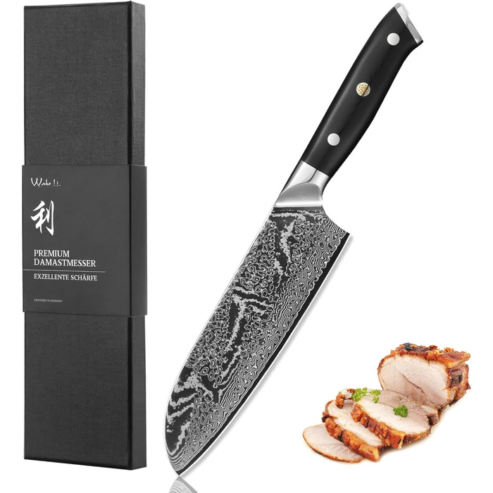 Японський ніж Wakoli Nitoko Santoku 18 см з дамаської сталі (67 шарів) VG10, HRC 60, G10 руків'я, Full Tang, для чистих нарізок, у подарунковій коробці