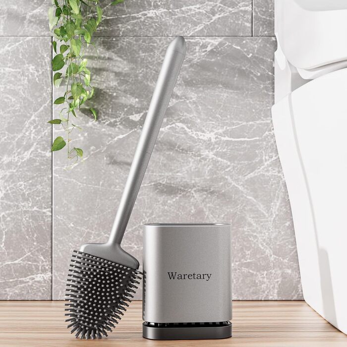 Щітка для унітазу з силікону Waretary з тримачем, нержавіюча сталь, гнучкий наконечник, швидке висихання, для ванної кімнати (срібляста)