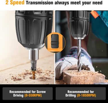 Акумуляторний шуруповерт AKZWOXRO 21V з 2 акумуляторами 2.0Ah, 42Nm, 2 швидкості, 25+3 ступені крутного моменту, патрон 10мм, LED ліхтик, 30-ти елементний набір для дому та саду, DIY проєкти