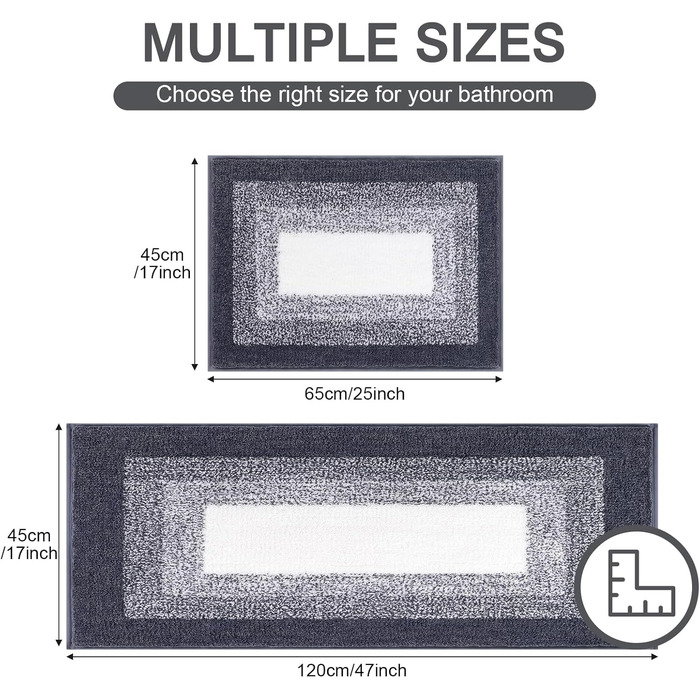 Enyhom Super Soft Microfiber Bath Mats - Absorbent, Non-Slip, Machine Washable Rugs for Bathroom & Shower (45x65 + 45x120 cm, Dark Grey)