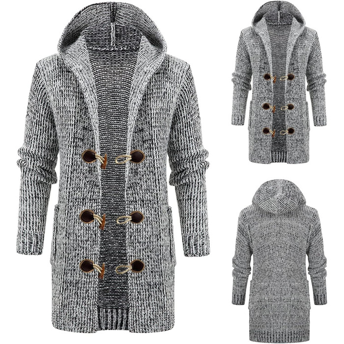 Чоловіча в'язана жилетка кардиган з бавовни, тепла чоловіча толстовка з капюшоном та ґудзиками, чоловічі в'язані жилети, зимові теплі світшоти, однотонні, грубий в'яз, стильний жакет для осені та зими, колір сірий, розмір L