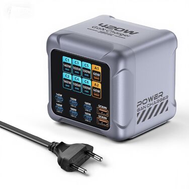 Зарядний пристрій GaN 8-в-1, 420W USB-C, LCD-дисплей, PD140W/QC60W, для iPhone 17/16/15, iPad, Android, планшетів (Срібний)