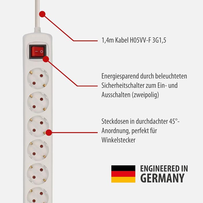 Смуга розеток Brennenstuhl Bremounta з USB та вимикачем, настінна, біла, 6 розеток, 2м та 3м кабель