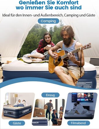 Надувне ліжко для двох осіб, самонадувна повітряна матрац для гостей з вбудованим насосом (3 хвилини), захист від проколів, надувна матрац для кемпінгу та дому, 203x152x46 см, максимальне навантаження 363 кг