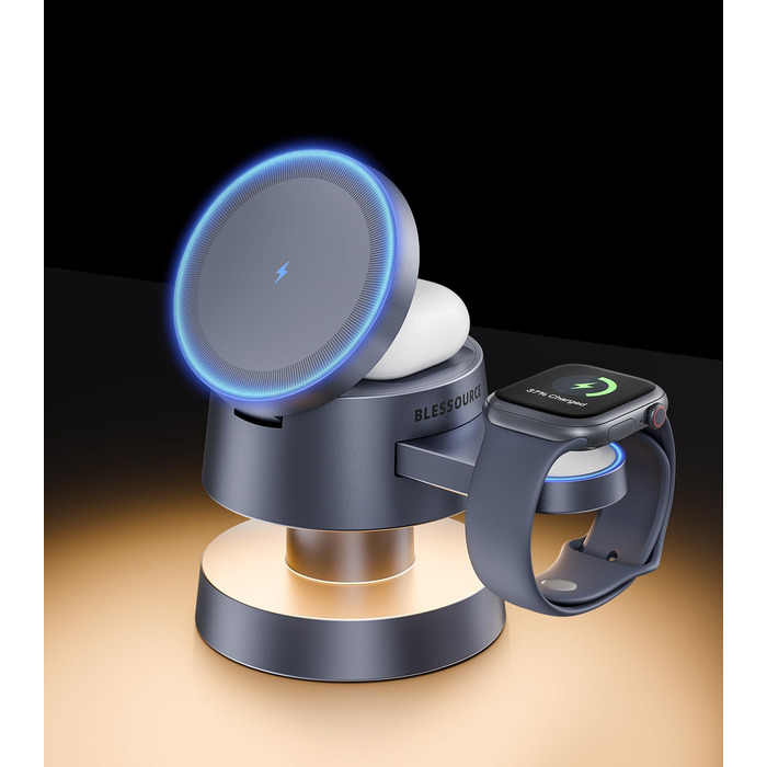 База для бездротової зарядки 4-в-1 для iPhone 17/16/15/14 Pro Max з нічним світлом, сумісна з Apple Watch та AirPods (сіра)