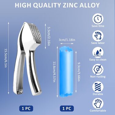 Преміум-прес для часнику та силіконовий лузер, стильний прес з цинкового сплаву, придатний для миття в посудомийній машині, сріблястий подрібнювач часнику, кухонний помічник, надміцний та довговічний, зручний та легкий у чищенні