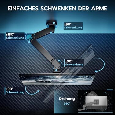 Настінний кронштейн для монітора ARES WING для UltraWide екранів 17-49 дюймів, газліфт, навантаження до 20 кг, VESA 75/100, регульований тримач для офісу та геймінгу, чорний