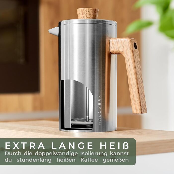 WALDWERK French Press (1L) - Coffee Maker made of double-walled stainless steel with an oak wood handle - plastic-free French Press 1L