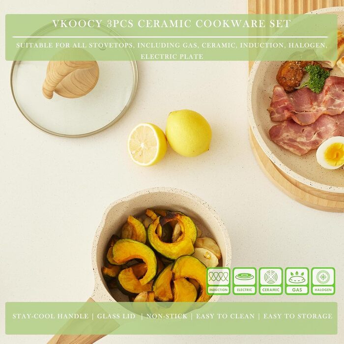 Набір посуду керамічний з гранітним покриттям для індукції, 3 предмети, бежевий