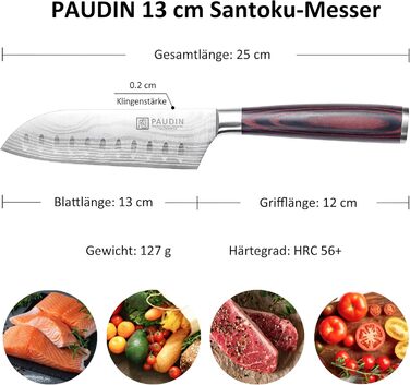 Ніж кухарський PAUDIN, 20 см, професійний, з високоякісної нержавіючої сталі, ергономічна ручка (Сантоку 13 см)