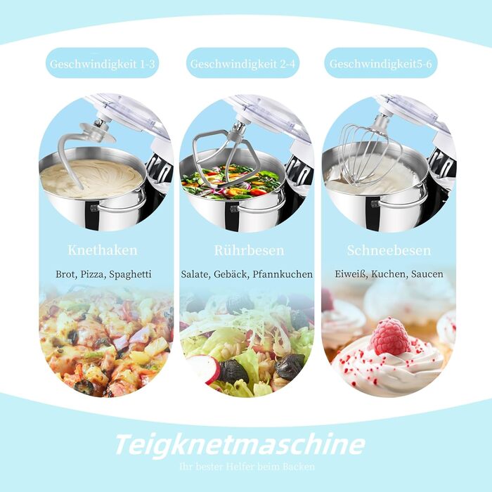 Кухонна машина Küchenmaschine 6.2 л, 1400 Вт, 6 швидкостей, з набором насадок (міксер, гак для тіста)