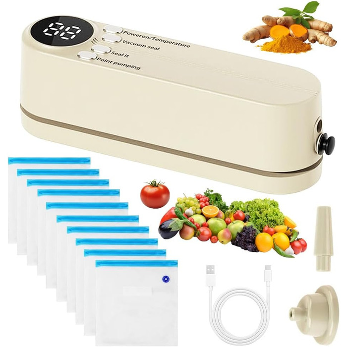 Міні вакуумний пакувальник BIZOI, портативний, 60 kPa, 3 температурні режими, з 10 пакетами для консервації продуктів