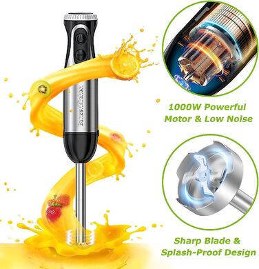 Bonsenkitchen Immersion Blender, 4-in-1 Electric Stick Blender, 1000W Variable Speeds, Stainless Steel, Whisk, 500ml Chopper and 700ml Measuring Cup for Baby Food, HB3203 (Black)