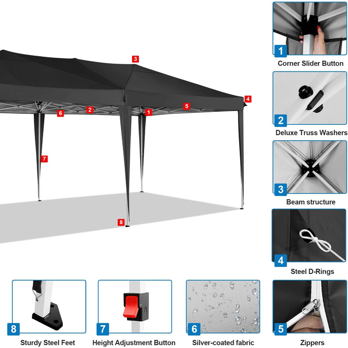 COBIZI Pop-up Pavilion 3x3, Folding Pavilion 3x3 Waterproof, Stable, Winter-proof |8X Pegs|4X Wind Rope|UV Protection 50+|High-Density Tarpaulin| Pavilion Foldable 3x3m Party Tent Folding Pavilion 3x3 Garden Pavilion (Black, 3x6m with 6 Side Panels)