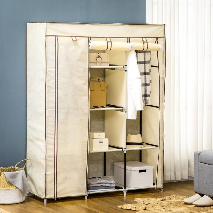 HOMCOM Closet, Fabric Wardrobe with Drawers, Clothes Rail and Zipper, Fabric Clothes Closet Folding Wardrobe for Bedroom, Dressing Room, 102 x 42.5 x 162.5 cm, (Cream White, 125L x 43W x 162.5H cm)