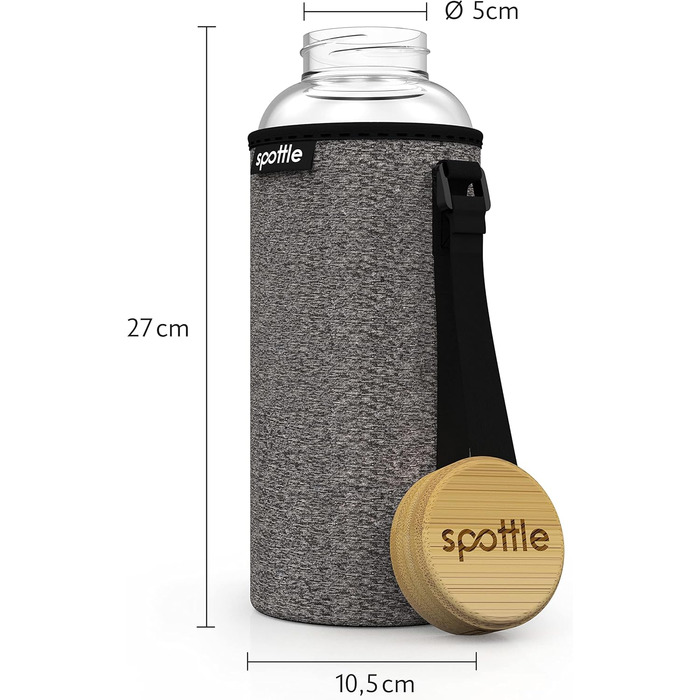 Glass Bottle 1.5 liter - Drinking Bottle Glass 1.5 l with Bamboo Lid - Glass bottle - Water bottle - Glass drinking bottle suitable for carbonated drinks - dishwasher safe - Wide mouth (Black Melange)