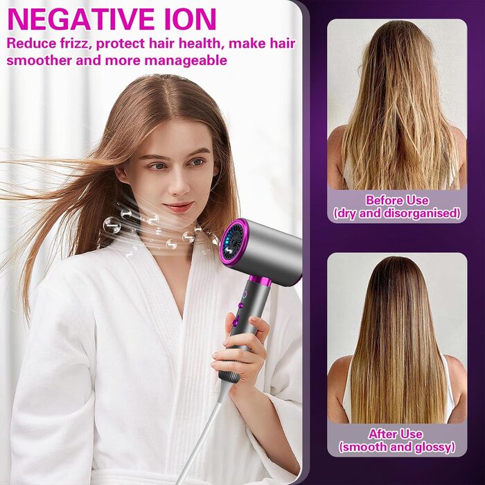 Іонізатор для волосся 2400W з кнопками холодного/гарячого повітря, 3 швидкості, 2 насадки (концентратор + дифузор), тихий фен для дому та подорожей