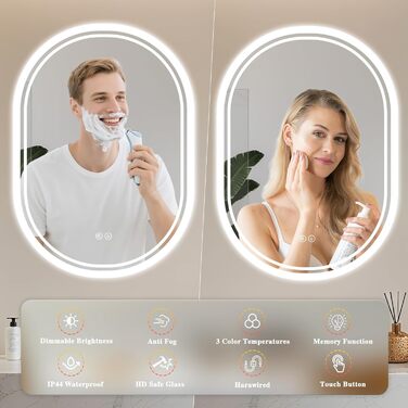 LED дзеркало для ванної кімнати Badspiegel з підсвічуванням, антизапар, сенсорне управління, регулювання яскравості, 3 кольори світла, овальне, 50x70 см