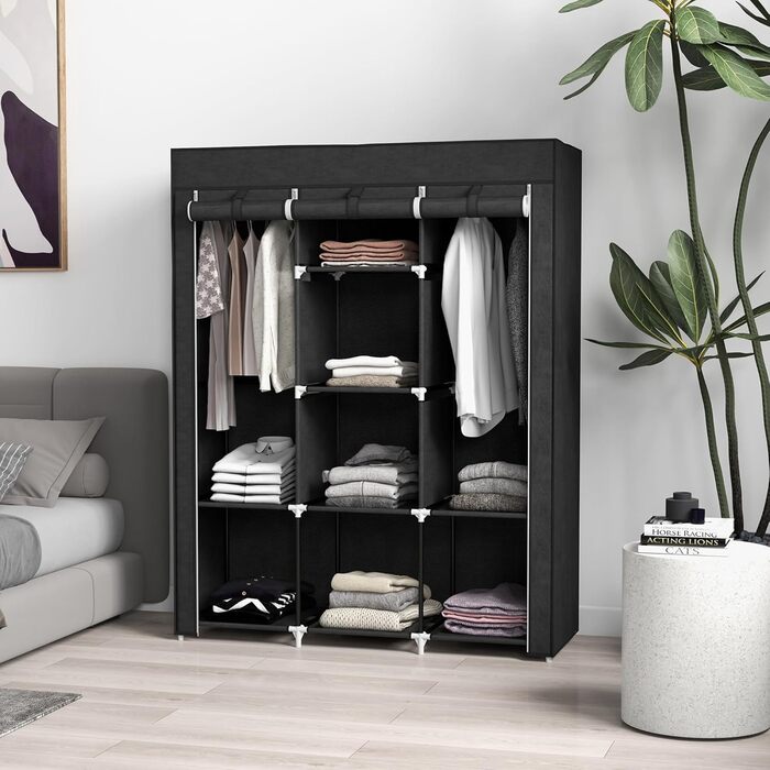 HOMCOM Wardrobe Fabric Closet with Drawers, Hanging Rail and Zipper, Fabric Clothes Closet Folding Wardrobe for Bedroom, Dressing Room, 102 x 42.5 x 162.5 cm, (Black, 125L x 43W x 162.5H cm)