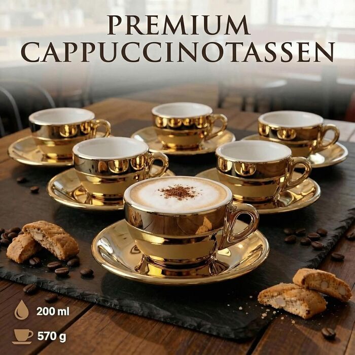 Набір чашок для еспресо в італійському стилі з блюдцями, товстостінна кераміка, 6 шт, 200 мл, золотий колір, придатні для посудомийки
