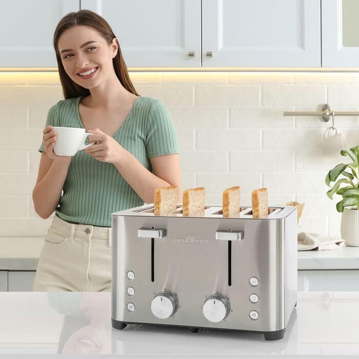 ProfiCook® Toaster | 4-Slice Toaster | Stainless Steel Housing | 1500 Watts | Wide Slot | Bagel Attachment (removable) | 7 Adjustable Browning Levels | Crumb Tray | Cord Retraction | PC-TA 1252 PC-TA 1252 inox