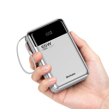 Power Bank Hichain 65W 20000mAh USB-C з кабелем, LED-дисплей, сріблястий - для MacBook, iPhone, Samsung, iPad