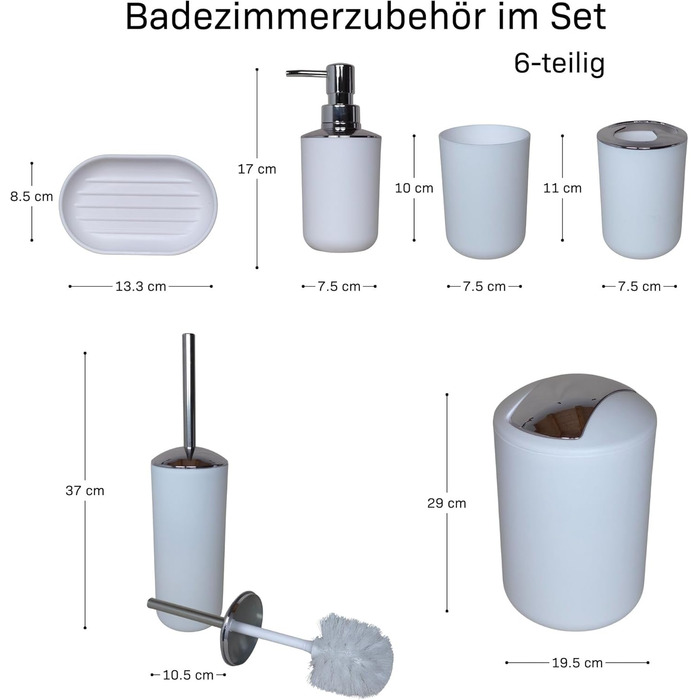Набір для ванної кімнати 6 предметів, аксесуари для ванної кімнати з пластику, білий колір: унітаз з йоржиком, відро для сміття, стакан для зубних щіток, дозатор для мила та мильничка