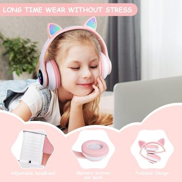Дитячі навушники AXFEE з Bluetooth, Over-Ear, котячі вушка, LED-підсвітка, мікрофон, Micro SD/TF, рожеві