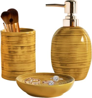 Набір для ванної кімнати на 3 частини, органайзер для ванної з кераміки - тримач для зубних щіток, дозатор мила, мильниця, стильна декор у стилі бохо, аксесуари для ванної кімнати (текстура мармуру, колір Drum-Yellow)