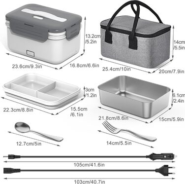 Herrfilk 100W Electric Lunch Box for Adults, 3-in-1 12/24/230V Thermos Lunch Box with Cutlery and Insulated Lunch Bag, Leak-Proof, 1.8 L Large Container, Food Container with Compartments for Car, Truck, Office