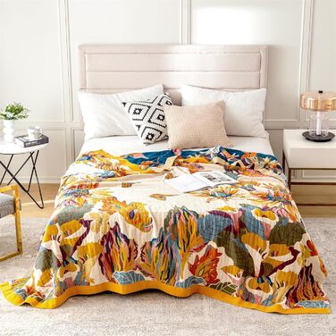 Бохо плед-покривало King Size 274x229 см, тепла затишна ковдра для дивана і ліжка з квітами і метеликами, весняний дизайн для вітальні