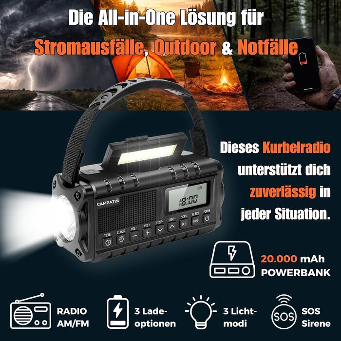 Радіо на сонячній енергії та з ручкою, 20000 mAh Powerbank, Радіо для надзвичайних ситуацій, кемпінгу та виживання, AM/FM радіо з LCD-дисплеєм, USB-C зарядка, LED ліхтарик, світло для читання, SOS-сигнал