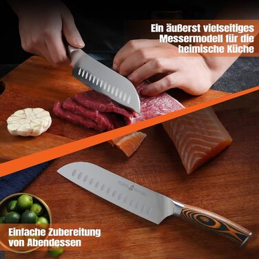 TUO Santoku ніж: професійний японський ніж з нержавіючої сталі, 18 см, ергономічна ручка з паккавуду, серія Fiery Phoenix