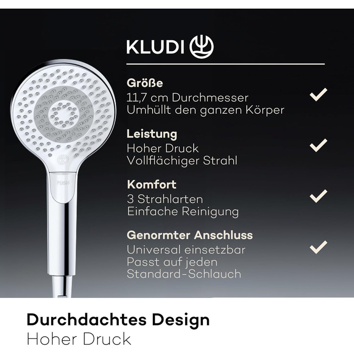 KLUDI-X3 Universal Shower Head with Hose, optional shower spray, water-saving with 3 spray patterns (Body, Hair, Skin), easy-to-clean shower head Ø 11.7 cm, shower hose 1.60 m