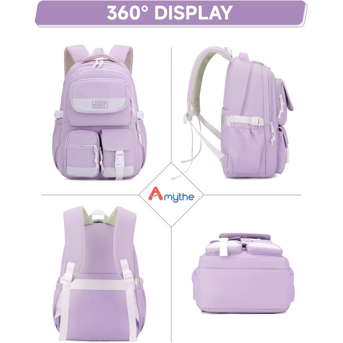 Рюкзак для підлітка, шкільний рюкзак для дівчинки з багатьма відділеннями, для учнів 3-5 класів, середньої та старшої школи, нейлоновий рюкзак для подорожей та відпочинку (фіолетовий)