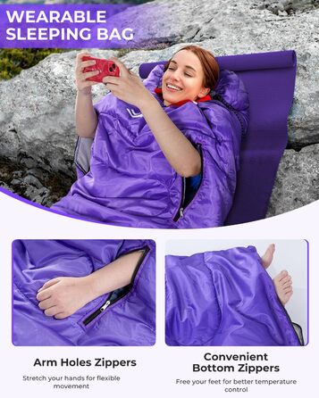 3-4 Season Sleeping Bag - Waterproof, Lightweight Sleeping Bag for Camping, Travel & Outdoor Activities - 220x84cm, 1.9KG (Violet)