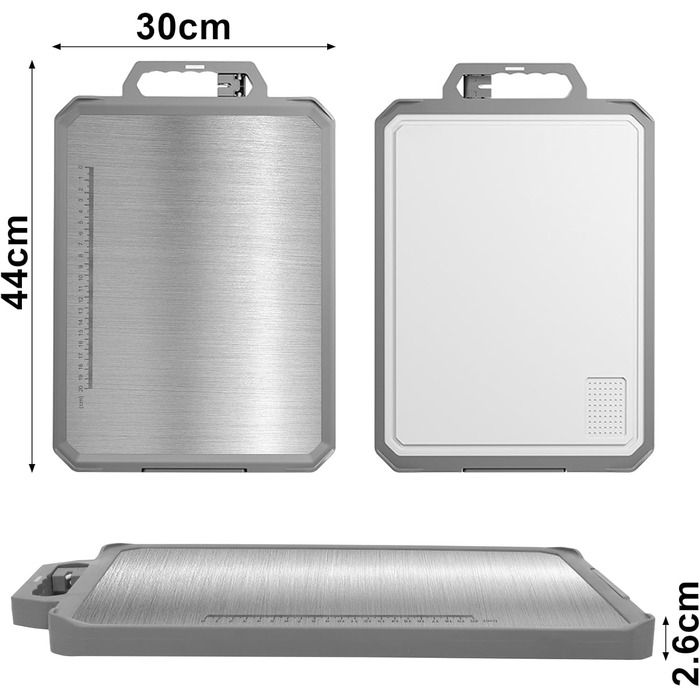 Ніжне нарізне дошка XIAPIA з нержавіючої сталі 304 та пластику з точилкою для ножів, 44x30x2,6 см, велика кухонна дошка з антибактеріальним покриттям, без BPA, з вбудованим ручкою та лінійкою, сіра