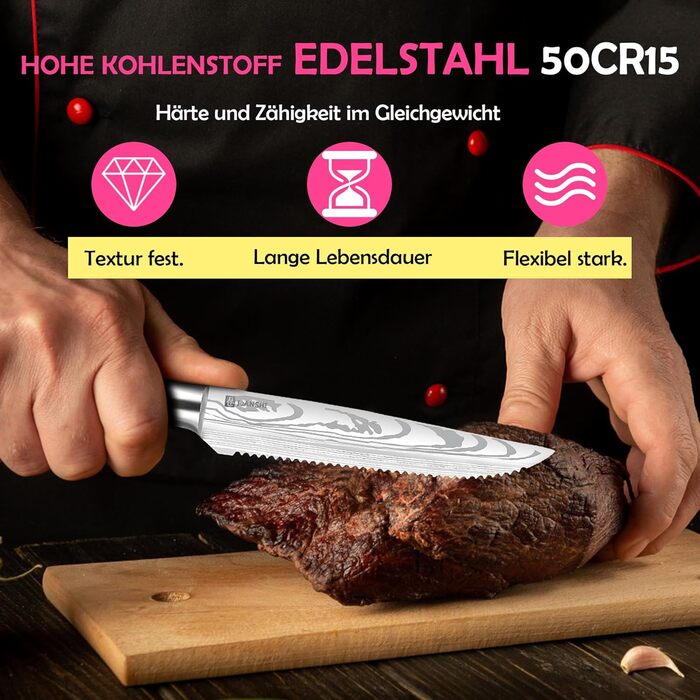 Японський ніж JUANSHI® 13 см, універсальний ніж для кухні - професійний ніж з ручкою з паккавуду з високоякісної нержавіючої сталі з вуглецевої сталі, 2024227 (ніж для стейка 11.4 см)